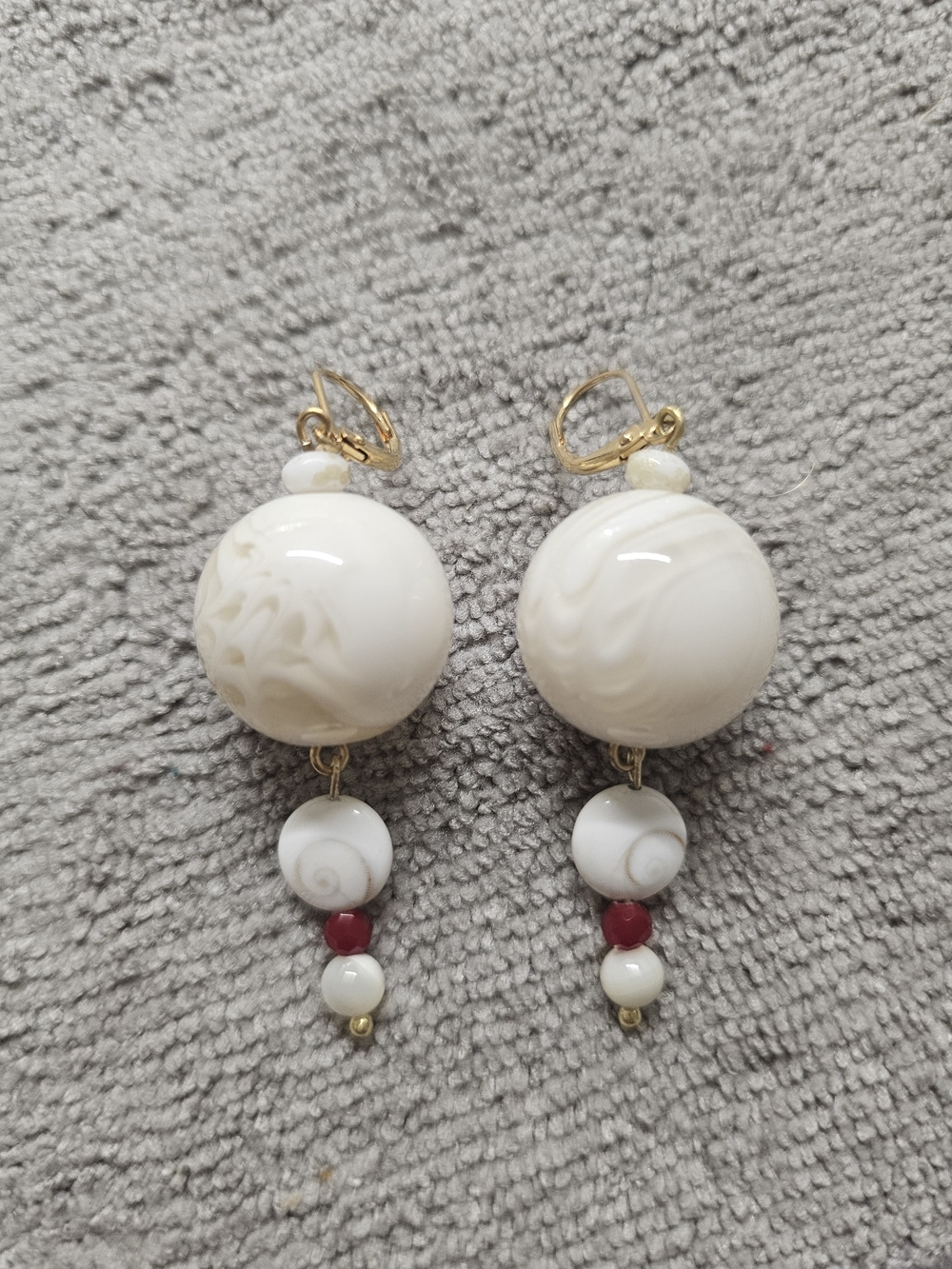 Murano Cream and Red Bead Drop Earrings